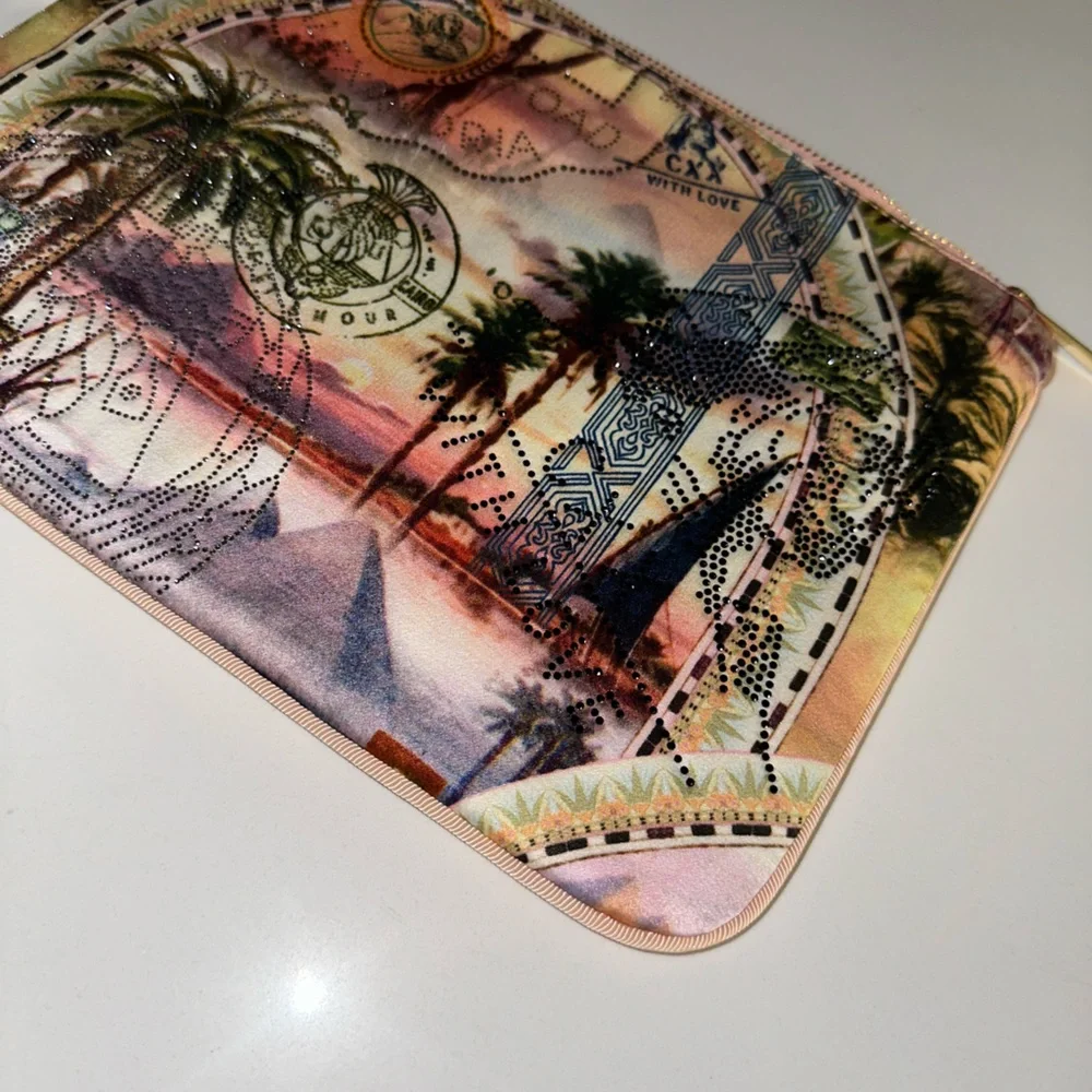 Camilla “Millas Got Mail” Egypt motif silk ring scarf clutch wristlet bag sac